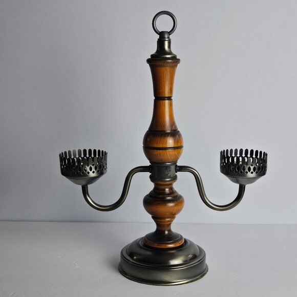 Vintage Wood & Metal Double Candle Holder – Mid Century Colonial Revival Style - Picture 1 of 16